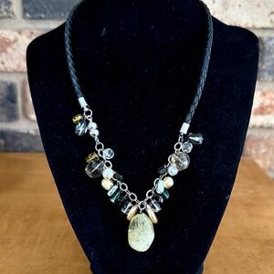 Artisan glass and gem necklace featuring quartz and pearls
